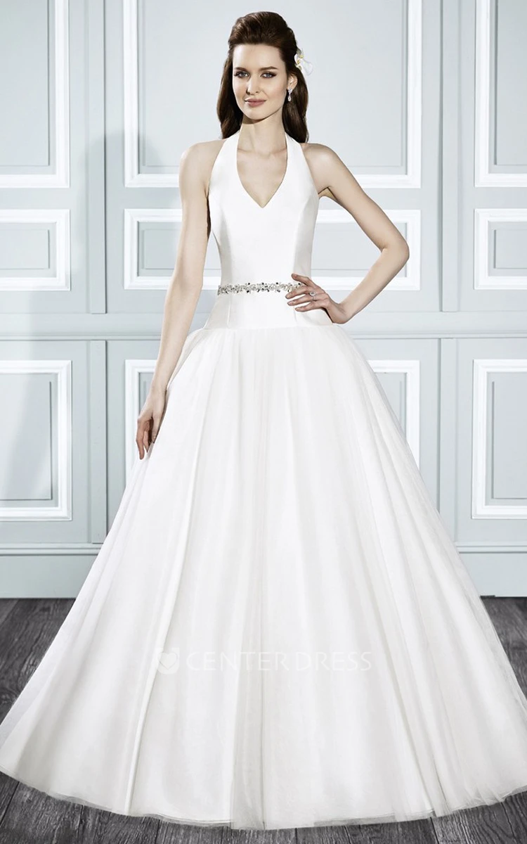 Ball-Gown Strapless Jeweled Sleeveless Long Satin Wedding Dress With Court Train And Backless Style
