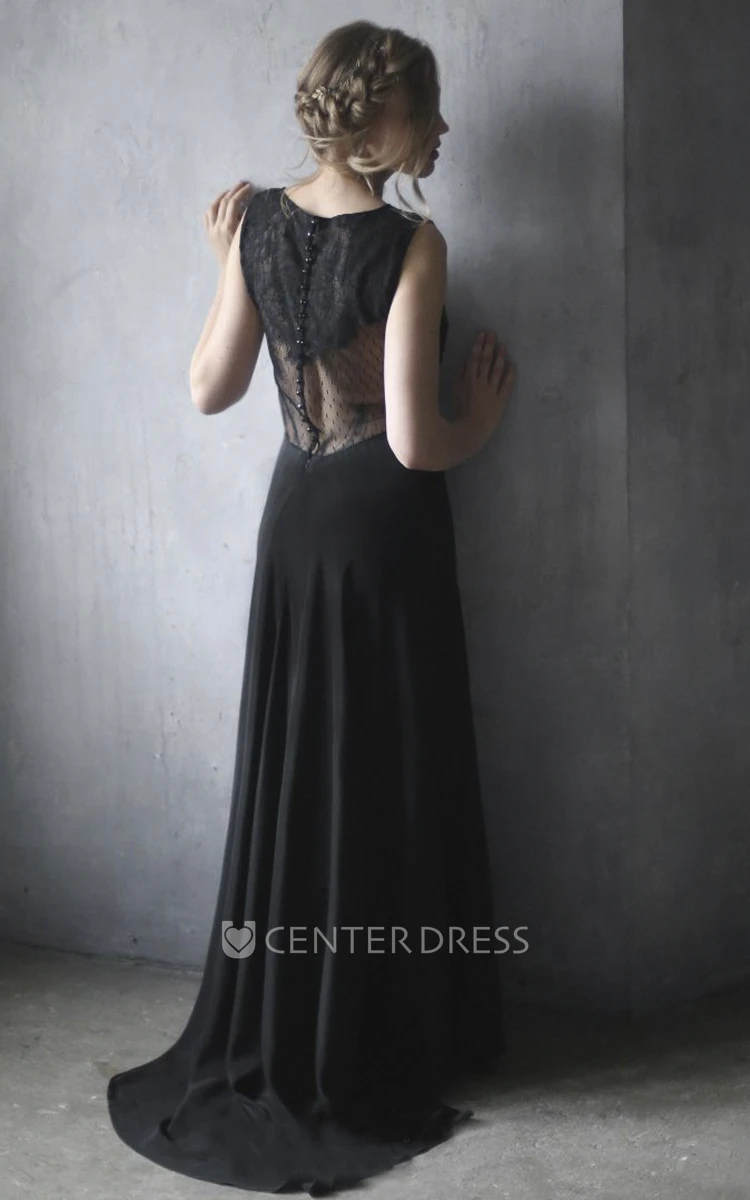 Elegant Sheath Illusion Back Sleeveless Chiffon Lace Wedding Gown With Buttons