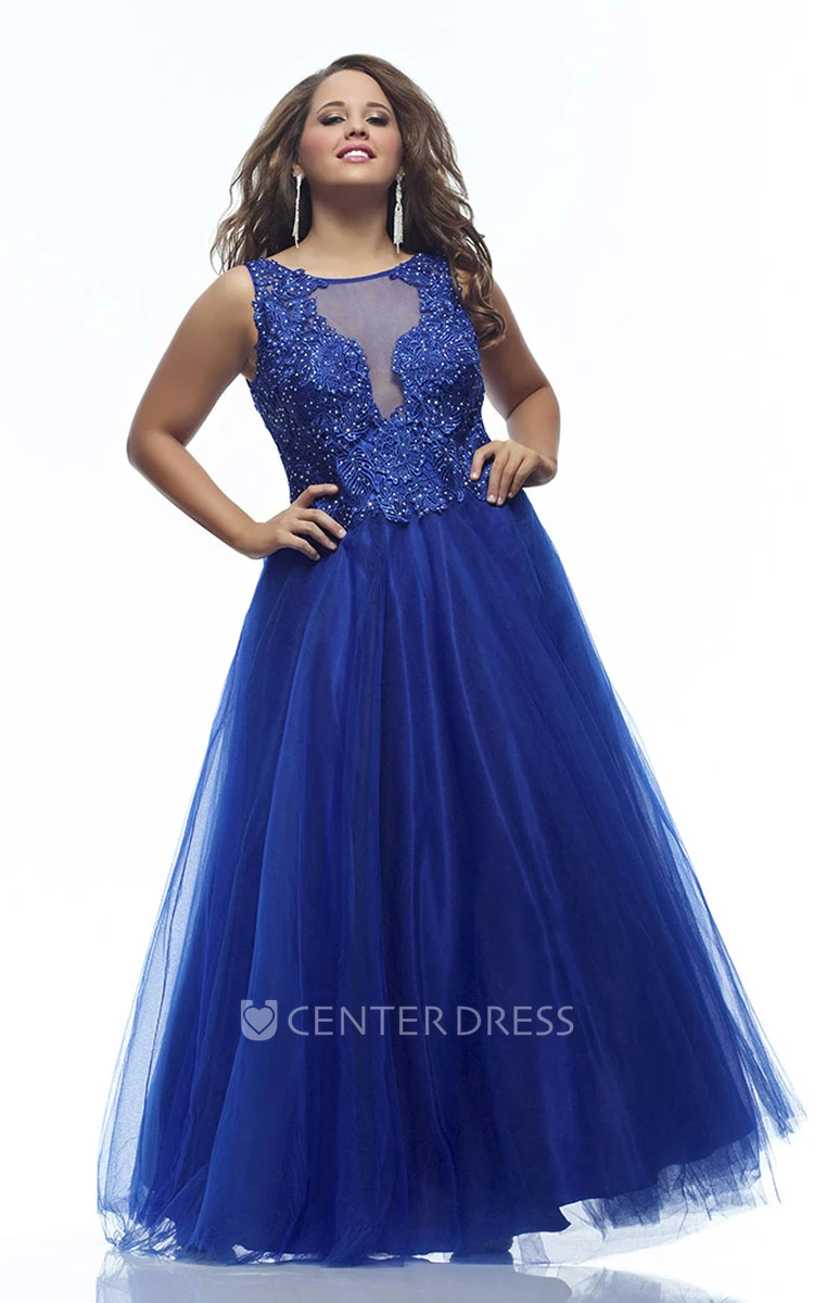 A-line Floor-length Scoop Sleeveless Tulle Appliques Illusion Dress