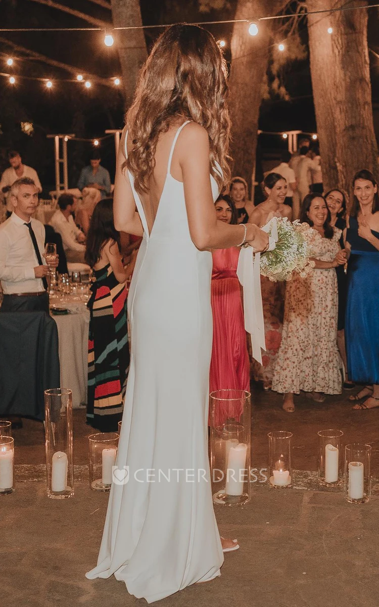 Sheath Satin Elegant Wedding Dress With V-neck And Split Front 
