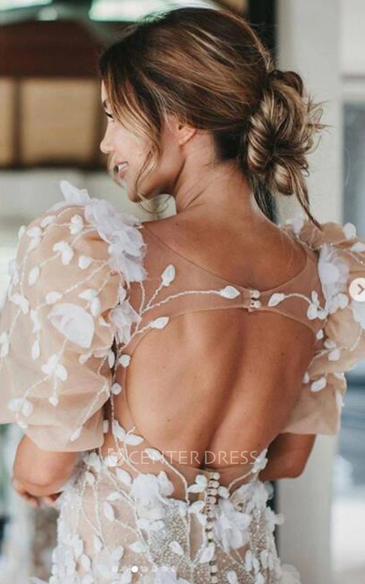 Elegant Tulle Mermaid Wedding Dress with Short Sleeves