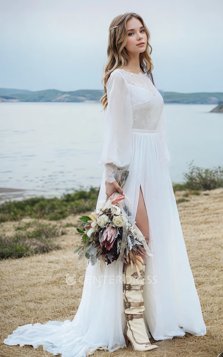 Unique Rustic Beach A-Line Boho Lace Cuffs Wedding Dress Western Modest Split Front Illusion Neckline Bridal Gown