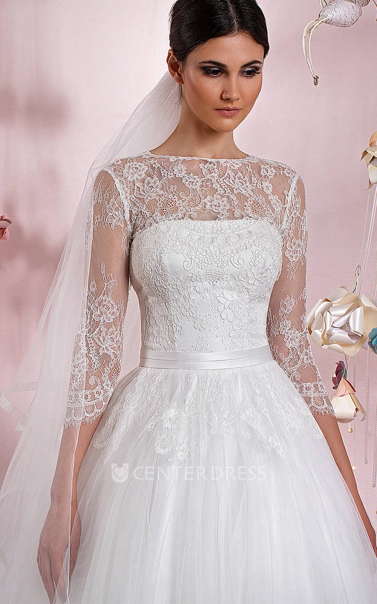 Ball Gown 3-4 Sleeve Appliqued Jewel Neck Tulle Wedding Dress