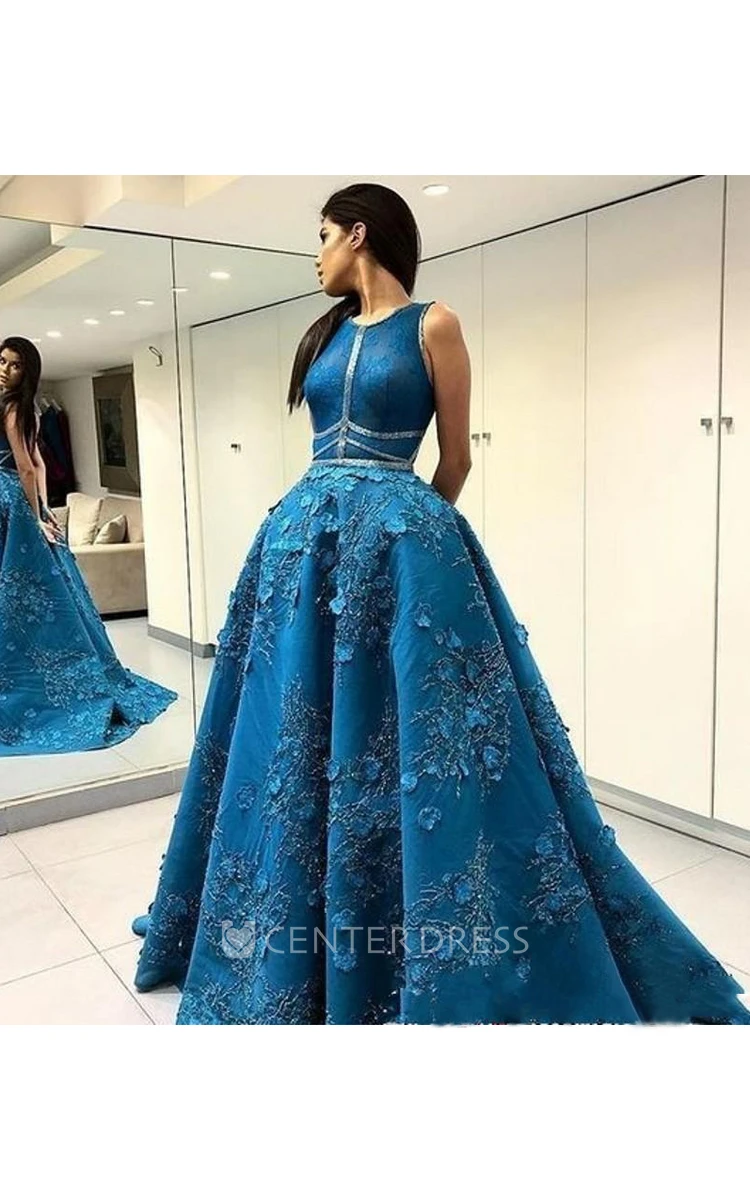 Floor-Length Scoop Ruffle Satin Keyhole Prom Dress With Appliques & Beading Sweep Train 