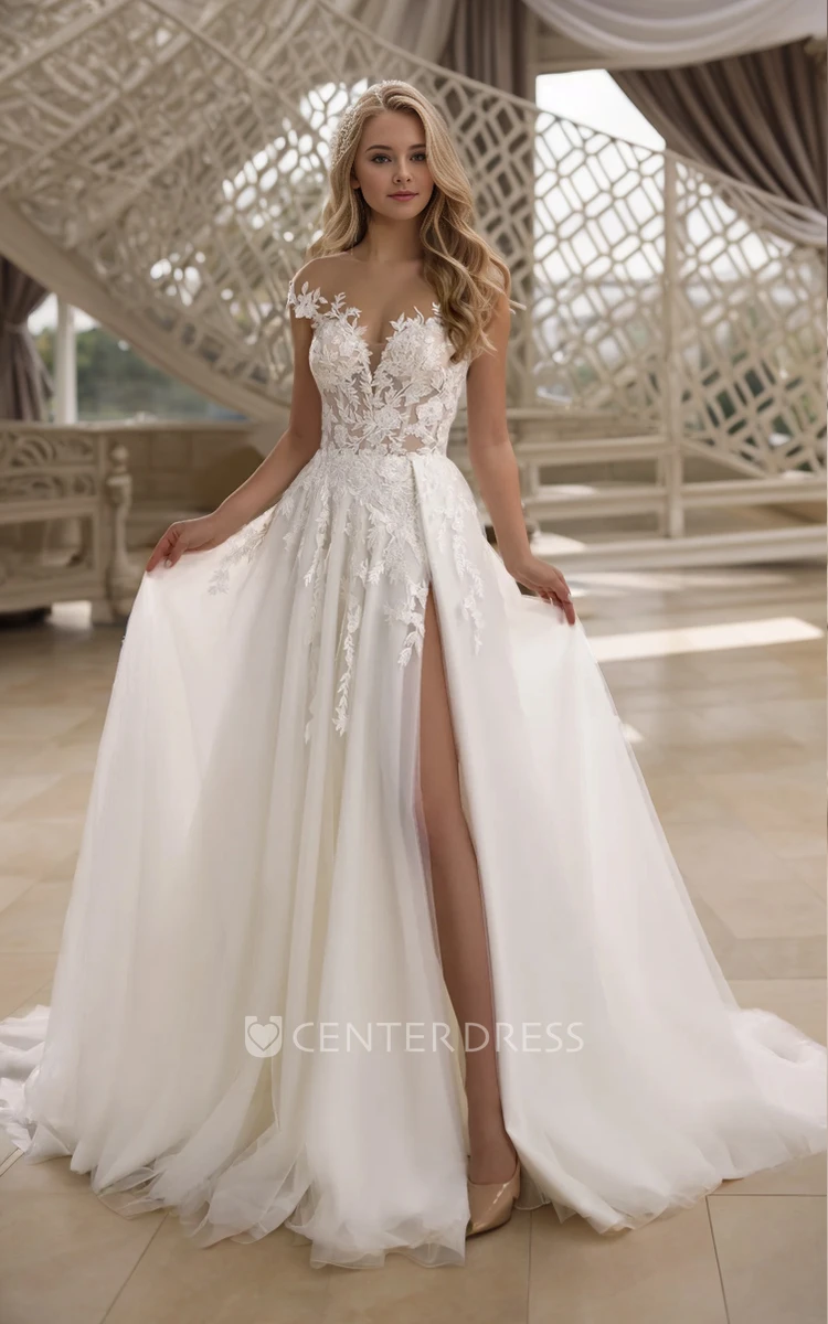 Ethereal Elegant Split Front A-Line Off-the-shoulder Floor-length Lace Tulle Wedding Dress Sexy Romantic Appliques V-neck Sleeveless Backless Zipper Back Bridal Gown with Train