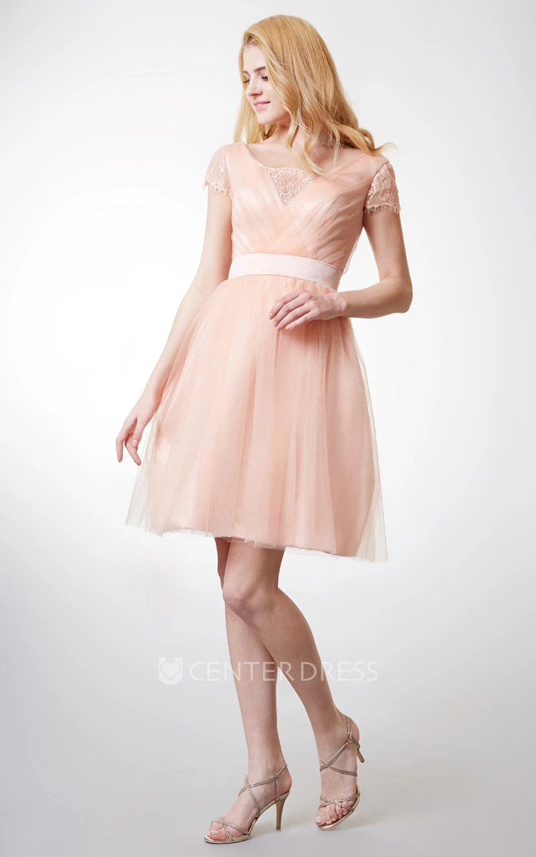 A-line Short Tulle Bridesmaid Dress with Short Sleeves