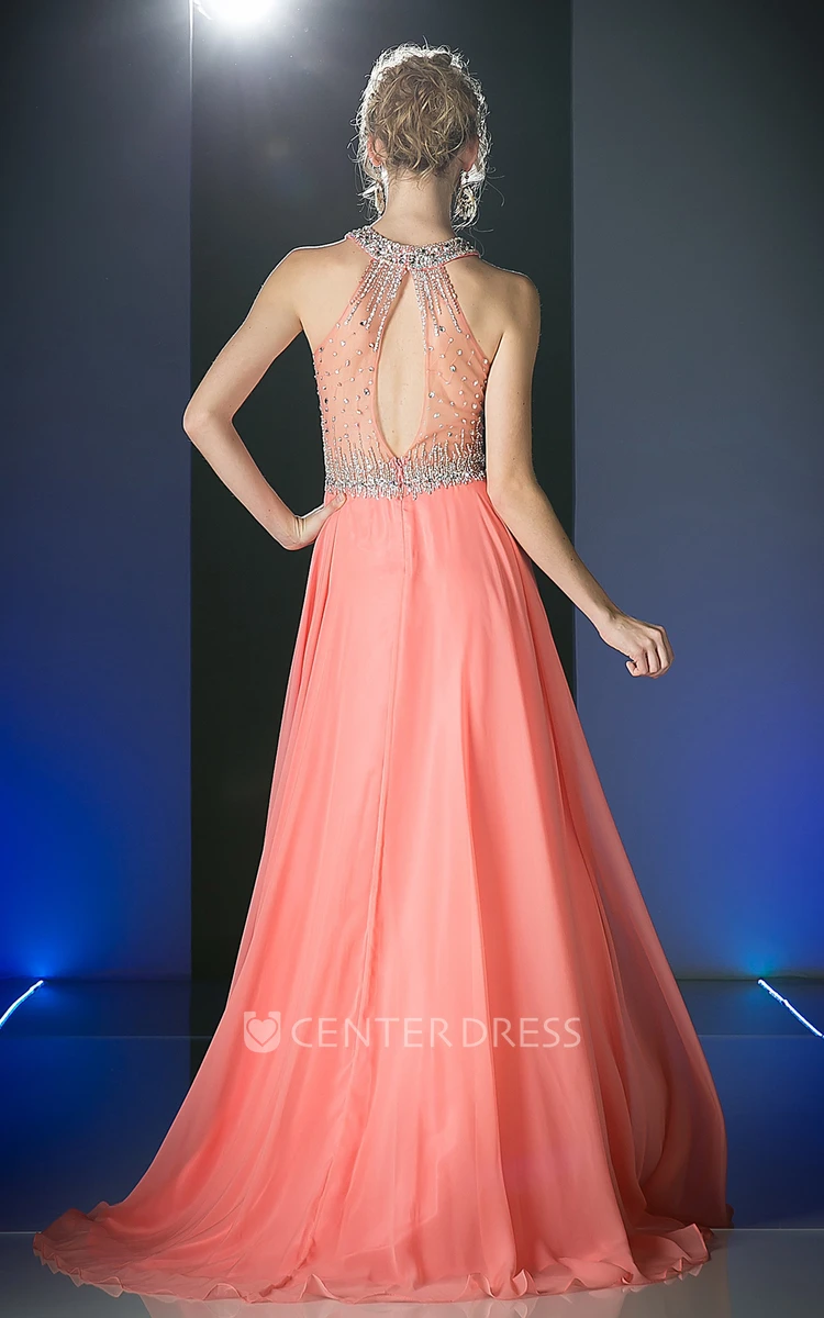 A-Line Long Scoop-Neck Sleeveless Chiffon Illusion Dress With Beading And Pleats