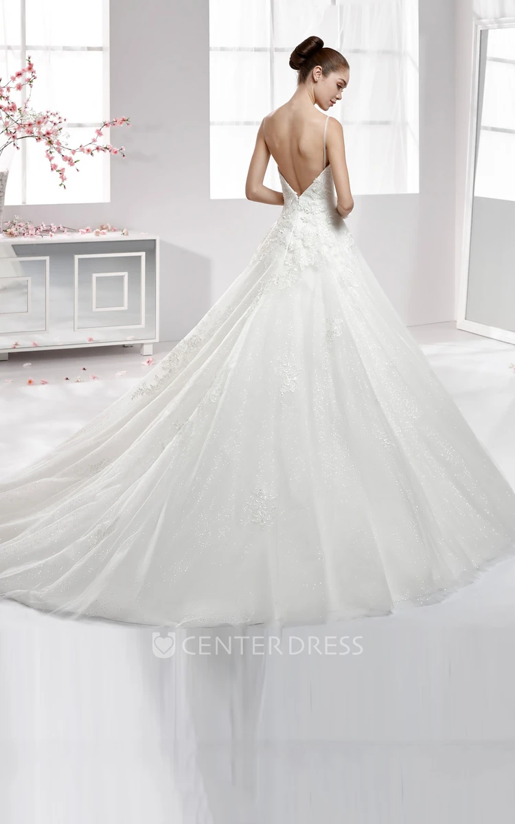 Illusion-Strap Lace A-Line Gown With Beaded Appliques And Open Back