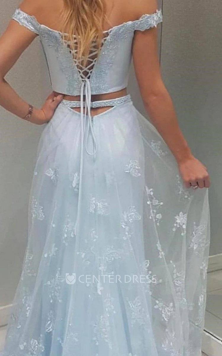 Two Piece Sleeveless Satin Tulle Ethereal Corset Back Prom Dress with Beading