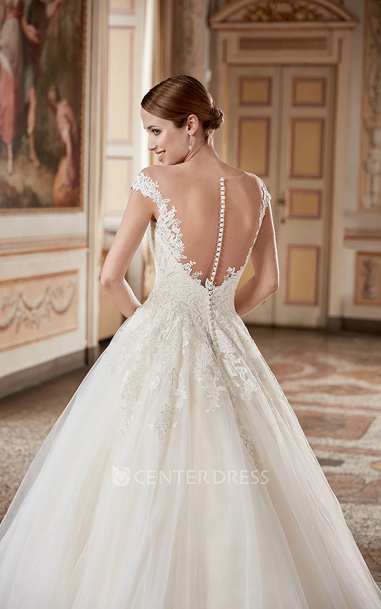 A-Line Floor-Length Cap-Sleeve Appliqued Scoop-Neck Lace Wedding Dress