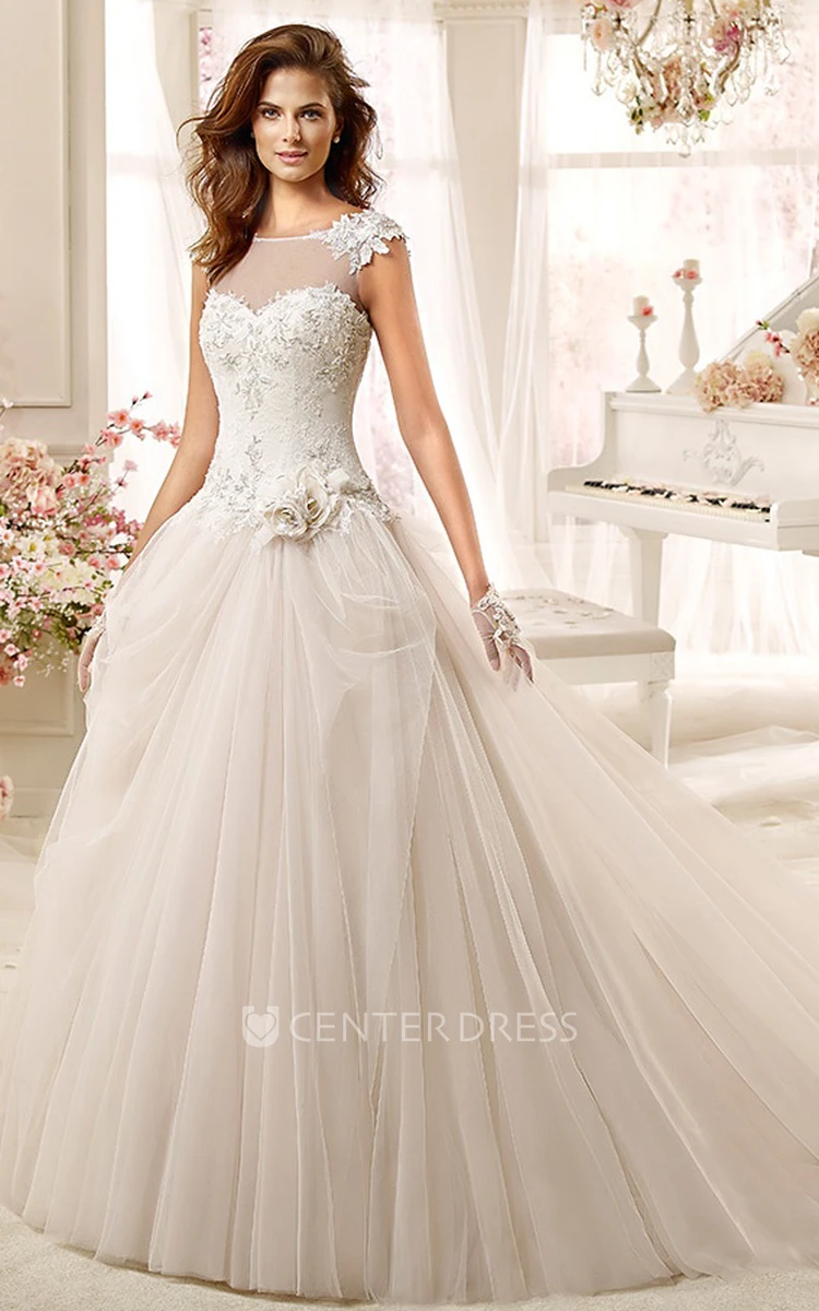 Jewel-neck Low-back A-line Wedding Dress with Flowers and Beaded Bodice