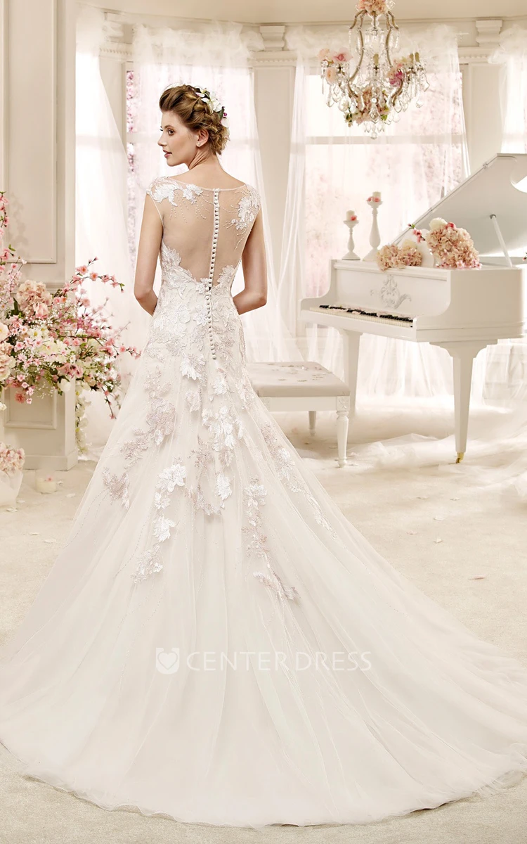 Cap sleeve Illusion Wedding Gown with Appliques and Court Train