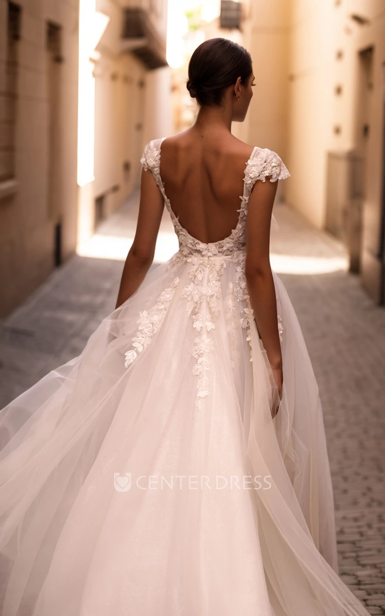 Ethereal Sexy Plunging V-Neck Floor-length Flowers Lace Tulle Wedding Dress Elegant Garden A-Line Sleeveless Open Back Appliques Beaded Bridal Gown with Sash