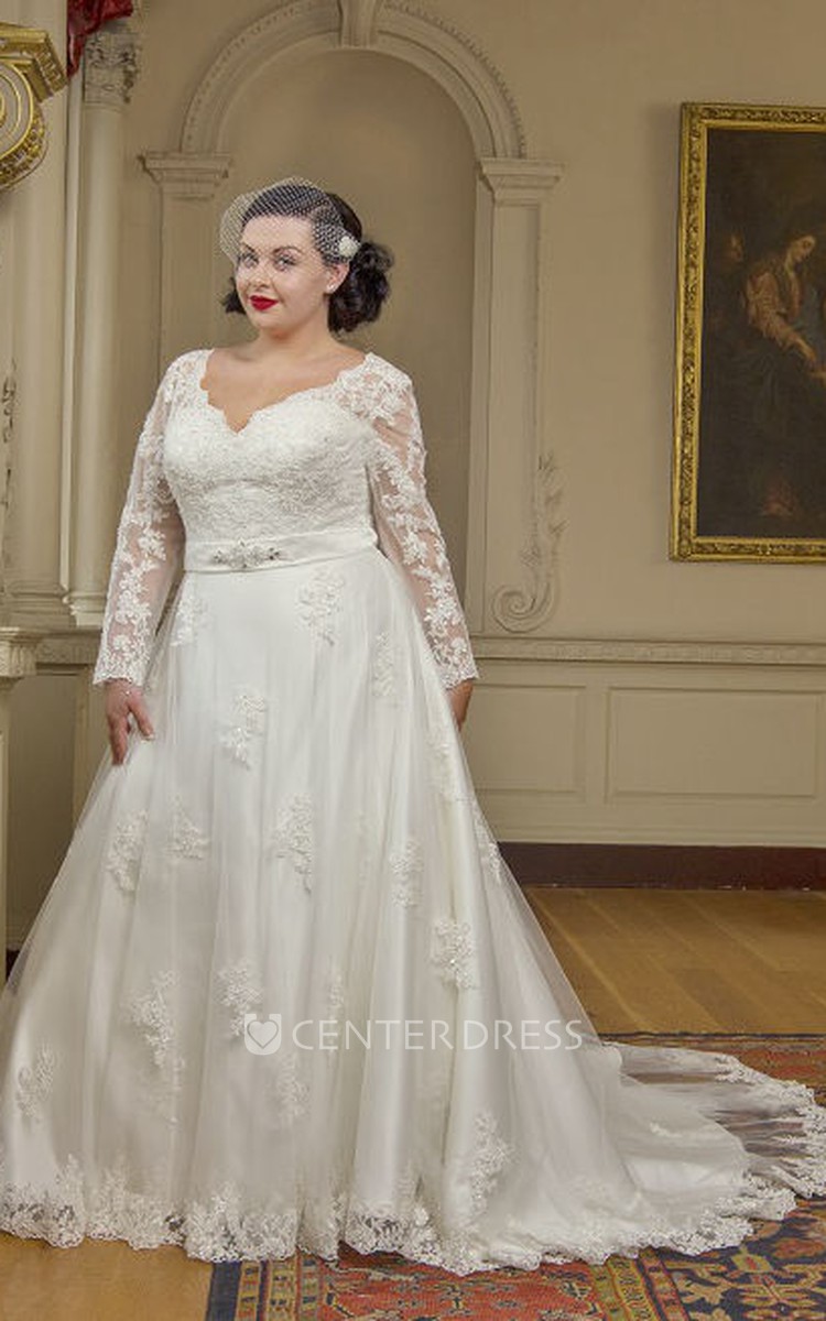 Long Sleeve Lace Bridal Gown With Crystal Satin Sash And Lace Up UCenter Dress