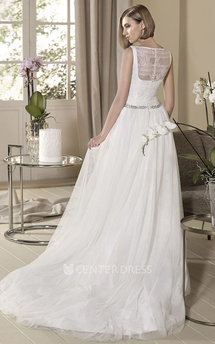 A-Line Jeweled Sleeveless Long Square-Neck Tulle Wedding Dress With Pleats