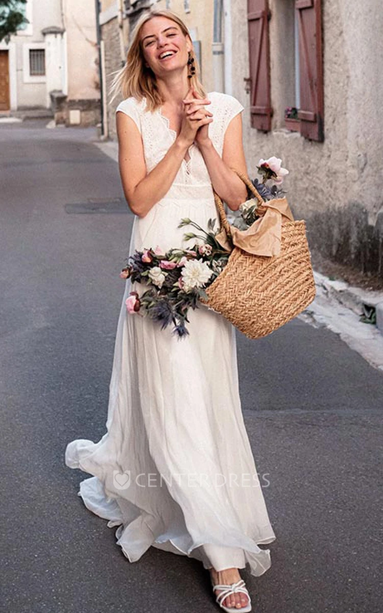 Boho A Line V-neck Chiffon Lace Short Sleeve Wedding Dress with Low-V Back
