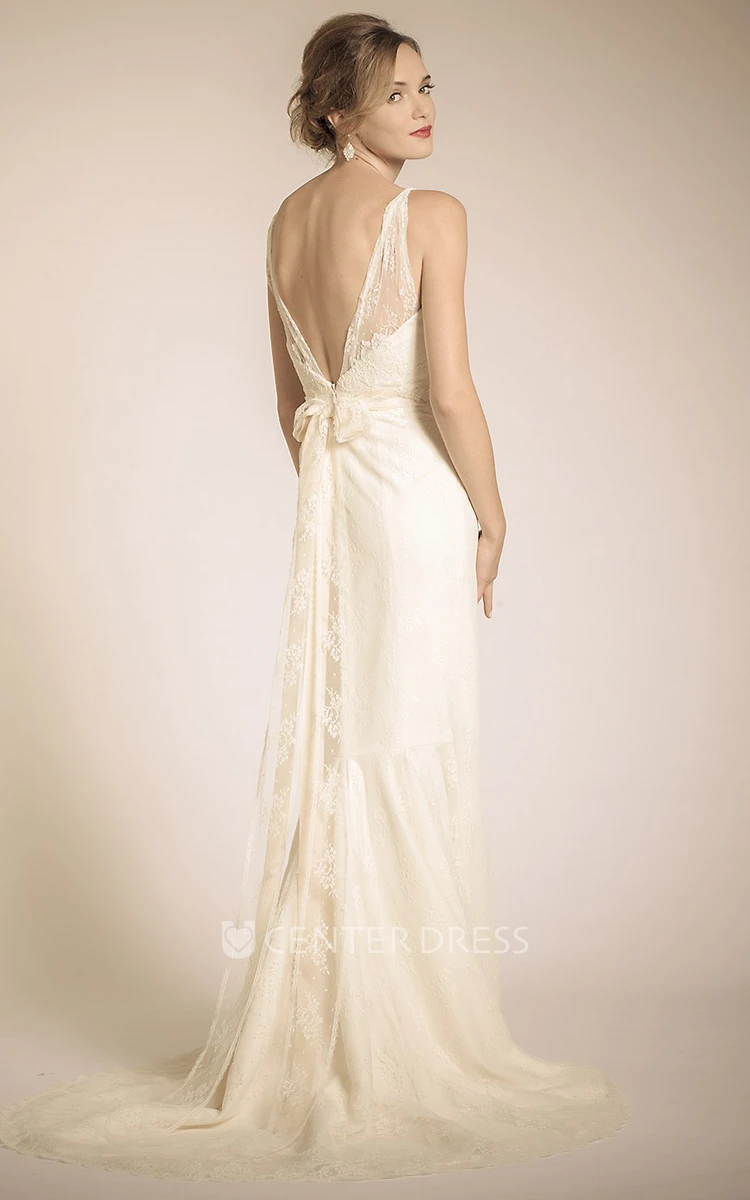 Sheath Appliqued Sleeveless Floor-Length V-Neck Lace Wedding Dress With Bow