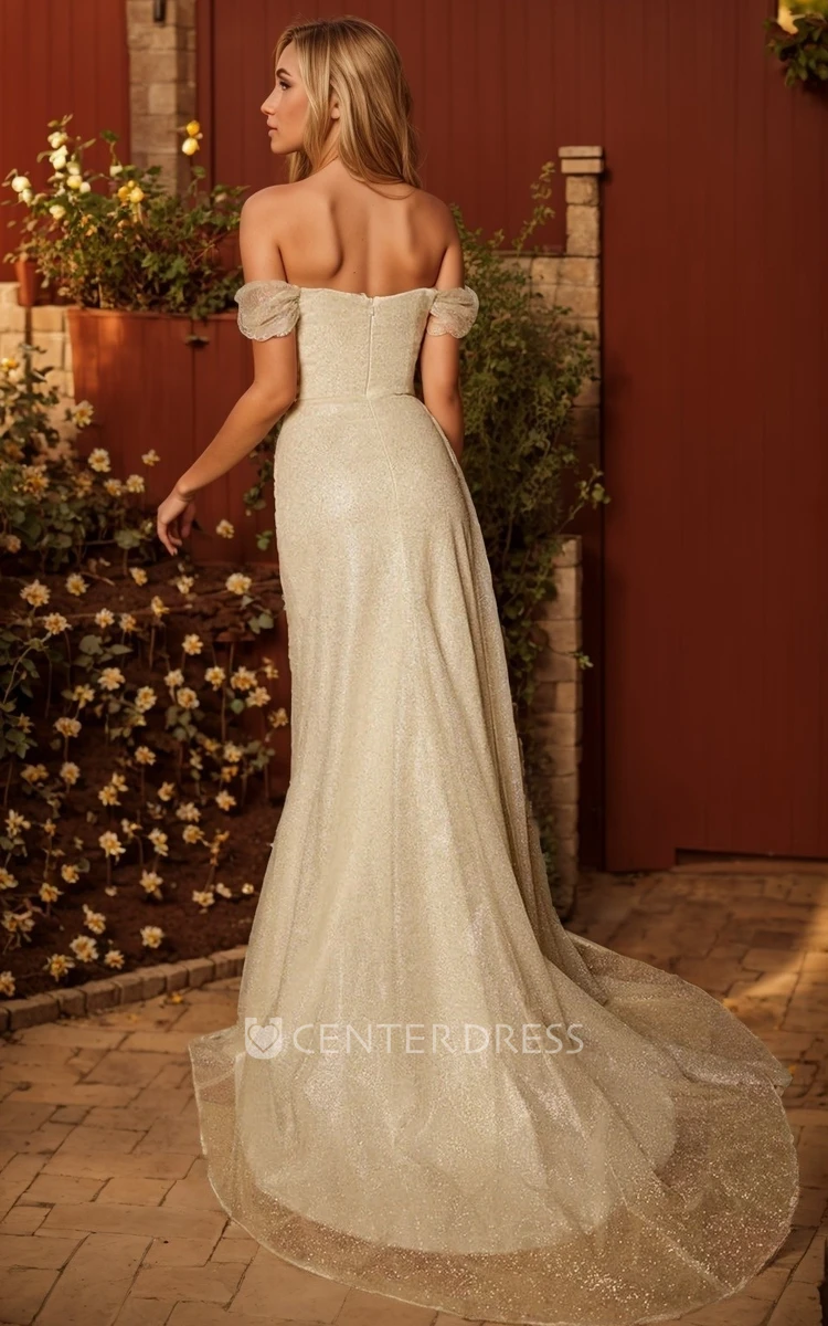 Sexy Sparkly Off-the-Shoulder Sheath Wedding Dress Dreamy Sequins High Split Sweep Train Bridal Gown with Zipper Back