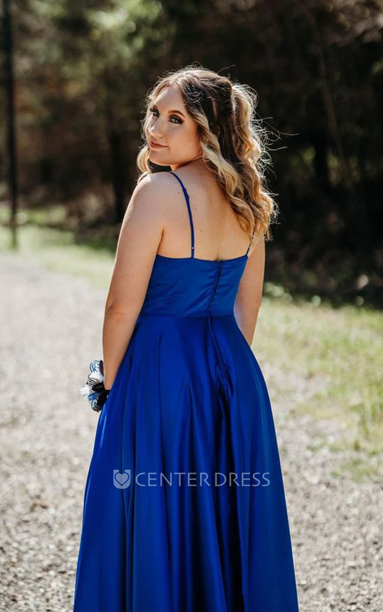 Spaghetti Royal Blue Satin A-Line Sexy Prom Dress With Split Front And Open Back