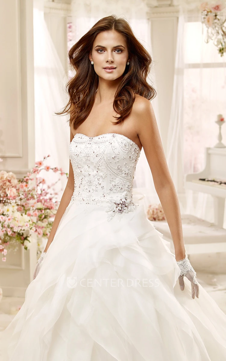 Strapless A-line Wedding Dress with Beaded Bodice and Asymmetrical Ruching