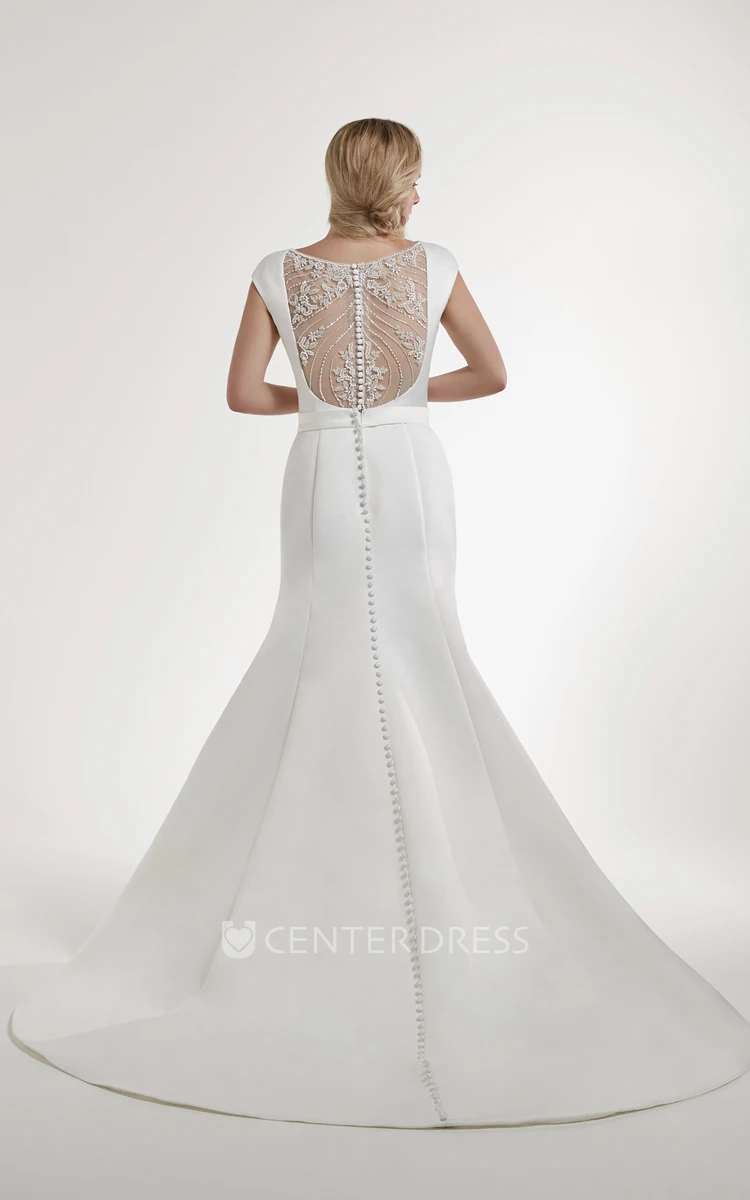 Sheath Jeweled Cap-Sleeve Square-Neck Floor-Length Satin Wedding Dress With Beading