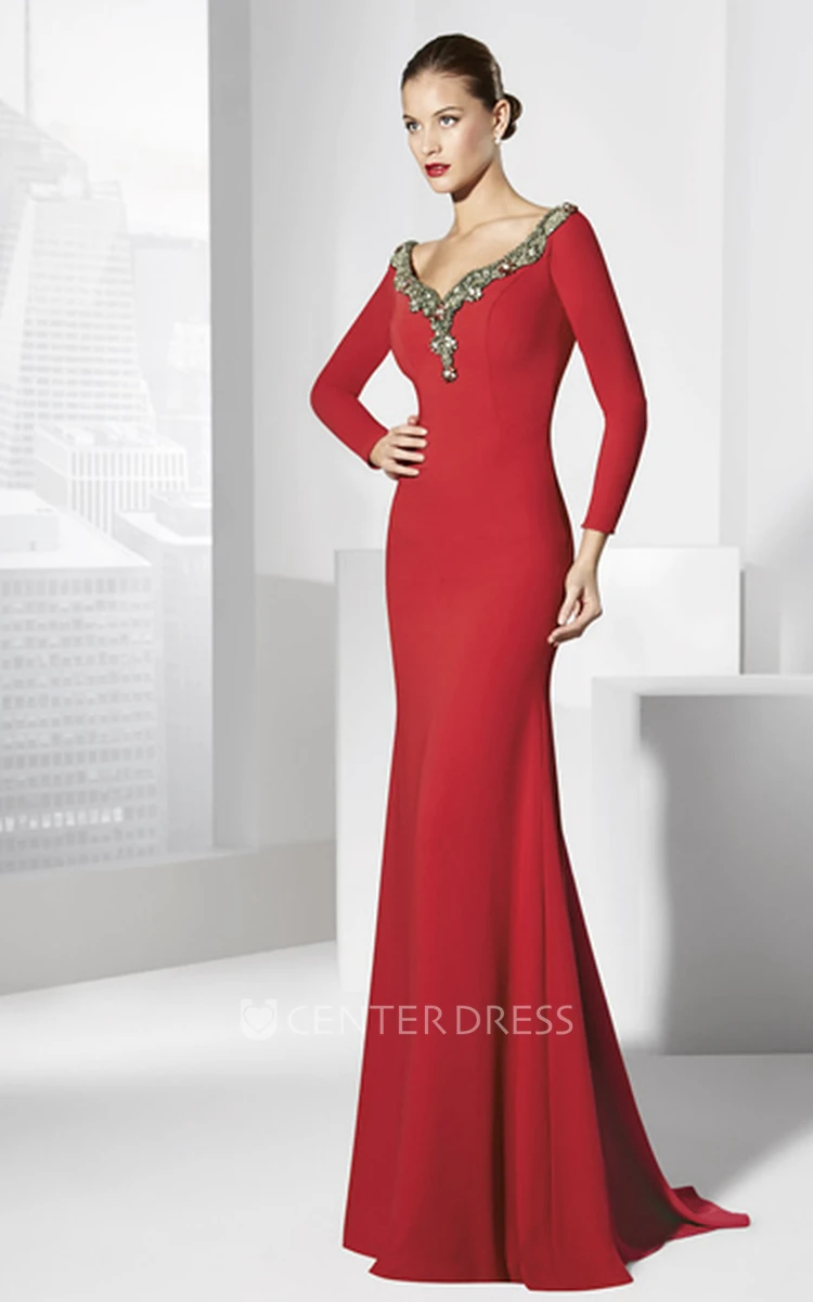 Sheath Long-Sleeve Floor-Length V-Neck Jersey Prom Dress