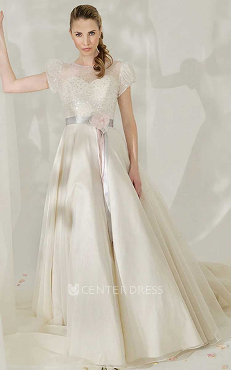 A-Line High Neck Puff-Sleeve Long Tulle&Satin Wedding Dress With Flower And V Back