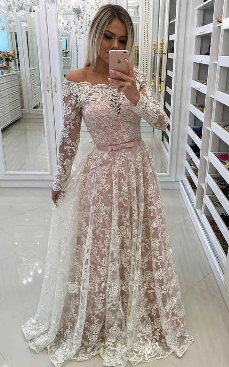 Illusion Long Sleeve Floor-length A-Line Off-the-shoulder Lace Dress