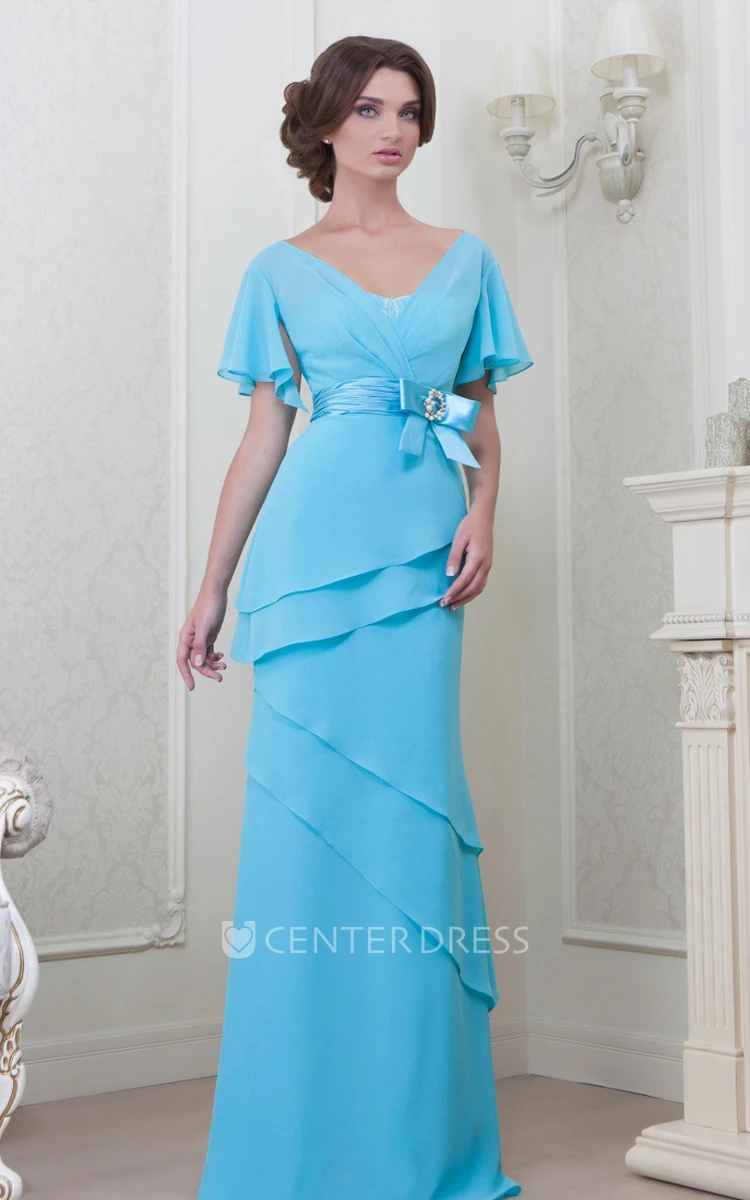 V-Neck Floor-Length Poet-Sleeve Bowed Chiffon Bridesmaid Dress With Tiers And V Back
