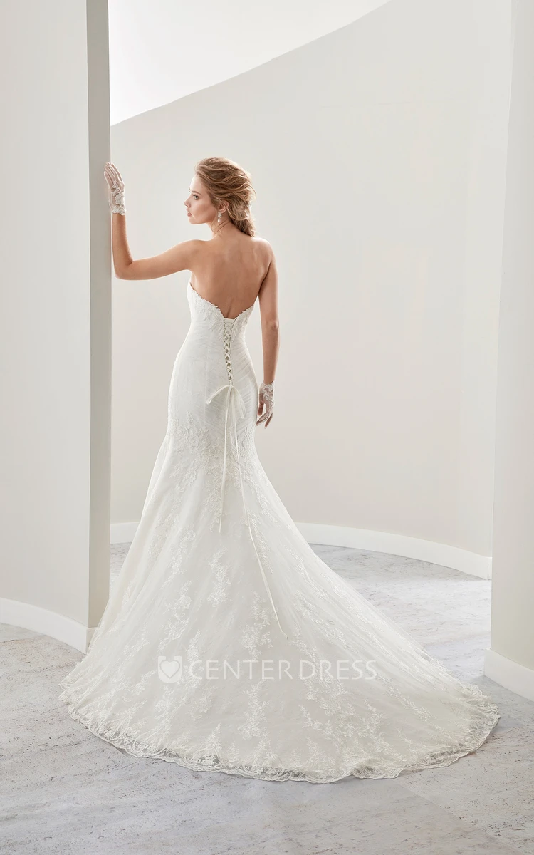 Sweetheart Brush-Train Lace Bridal Gown With Pleated Details And Lace-Up Back