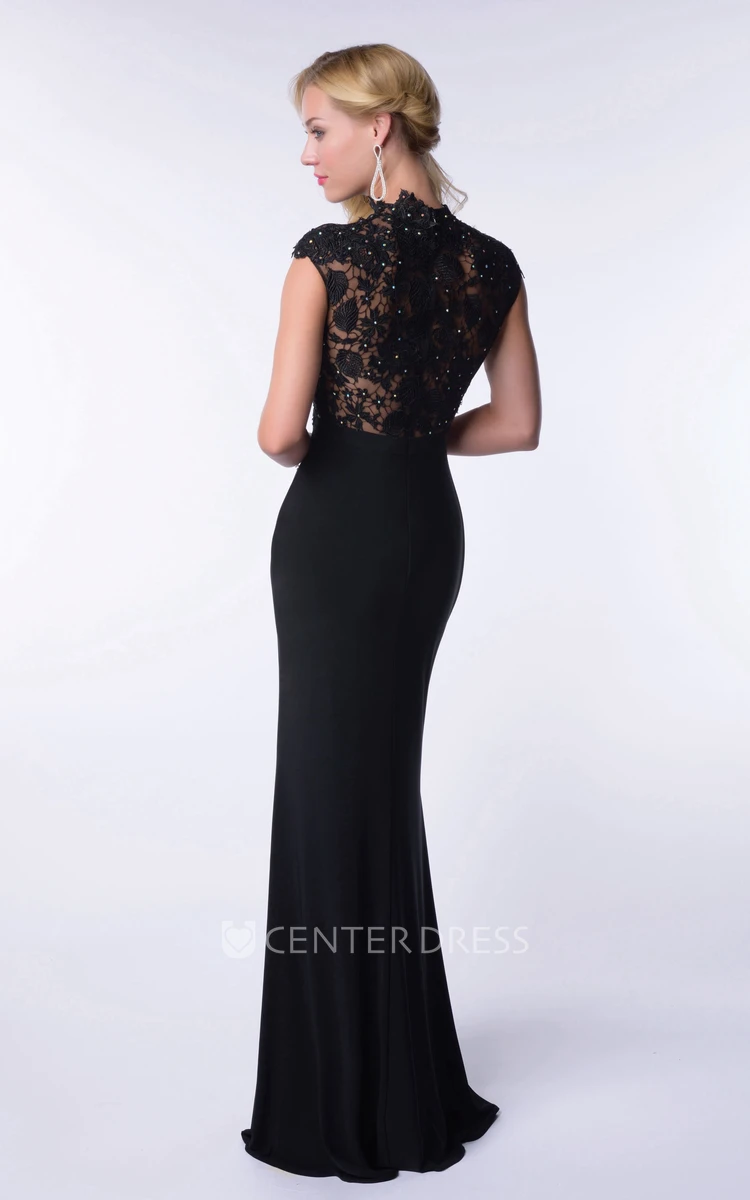 High Neck Cap Sleeve Sheath Jersey Lace Bodice Homecoming Dress With Pearls