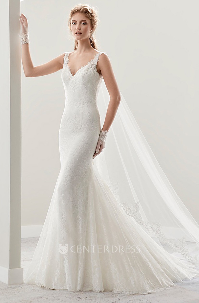 v neck sheath wedding gown