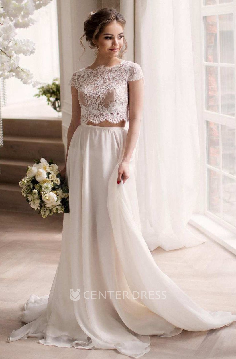 chiffon wedding dress with lace top