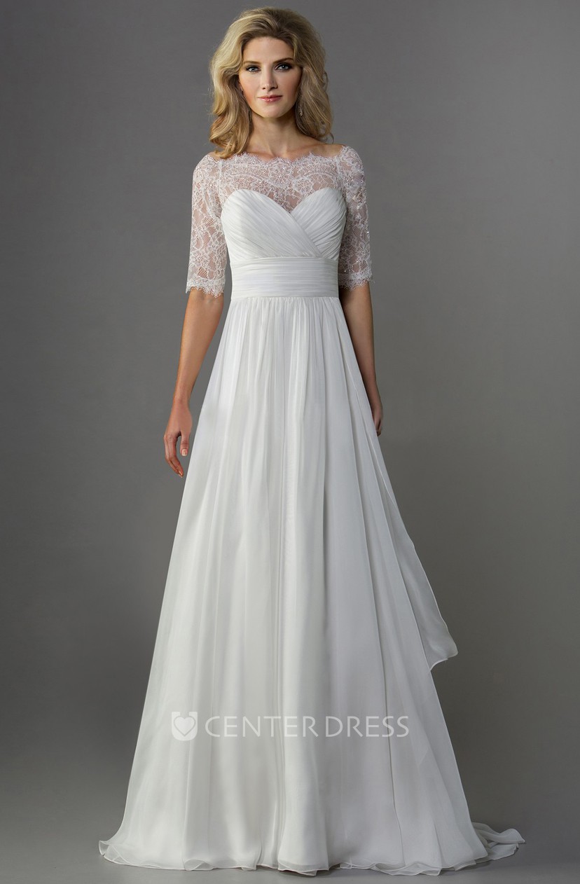 chiffon wedding dress with illusion lace sleeves