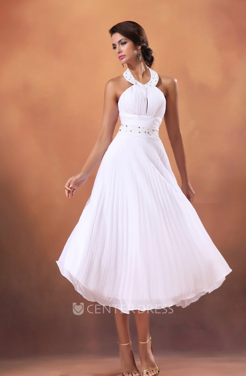 halter tea length wedding dress