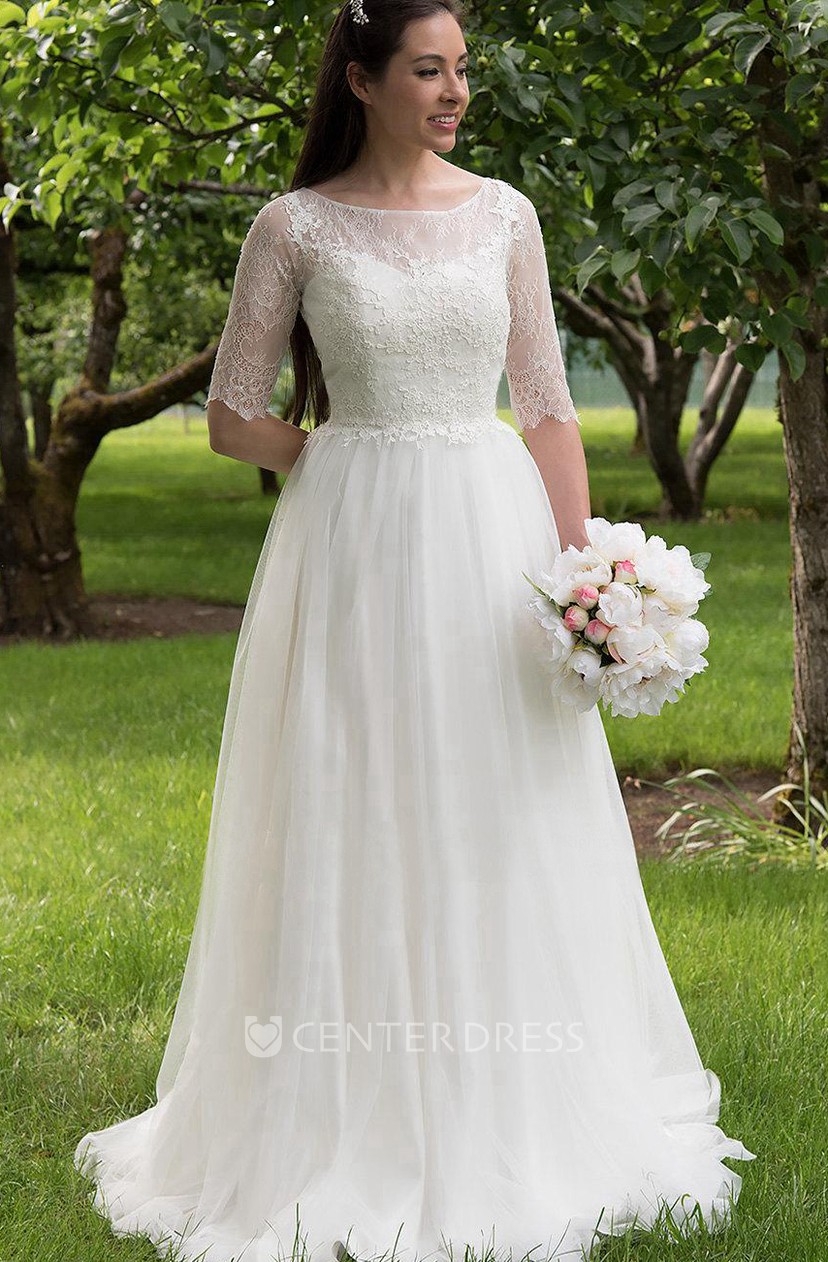 Long A Line Tulle and Lace Wedding Dress With Elbow Sleeves ...