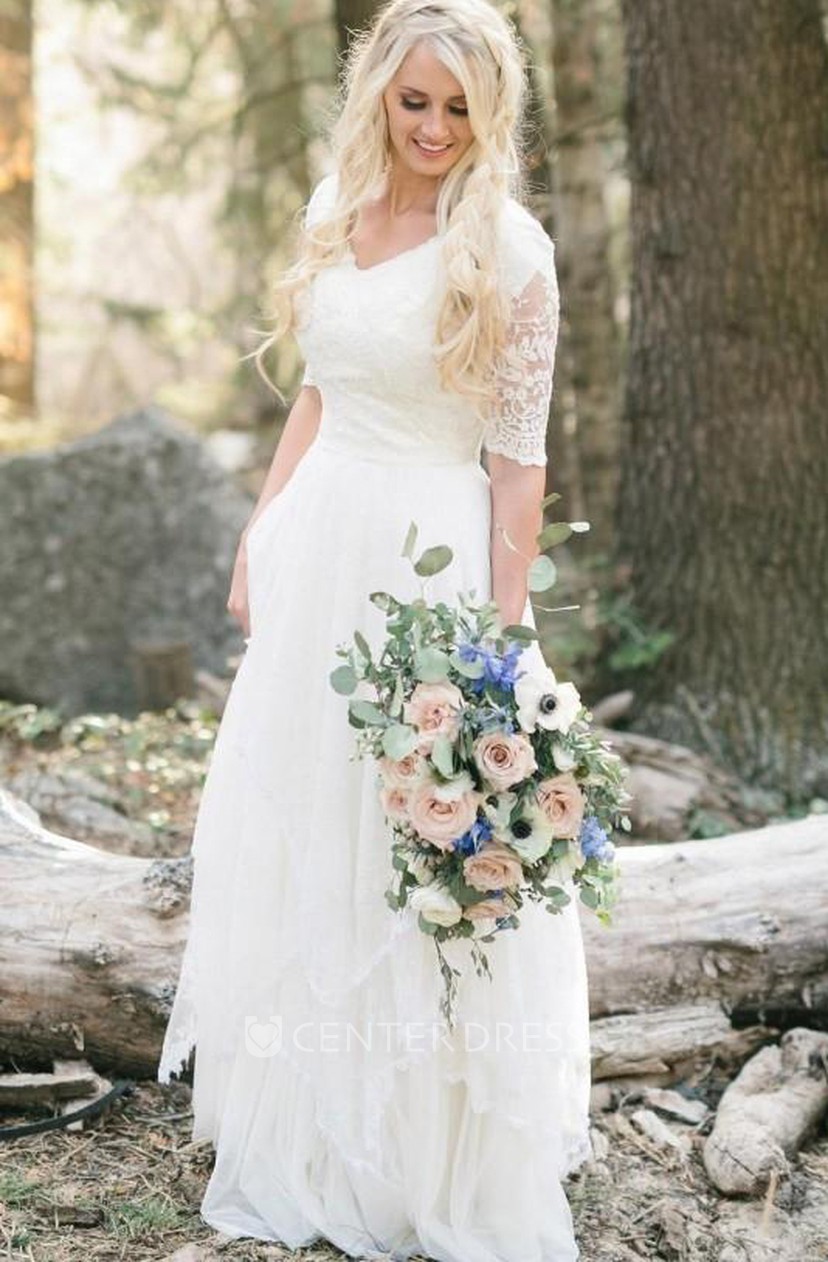 Bohemian A Line Half Sleeve V Neck Lace Country Wedding Dress Ucenter Dress